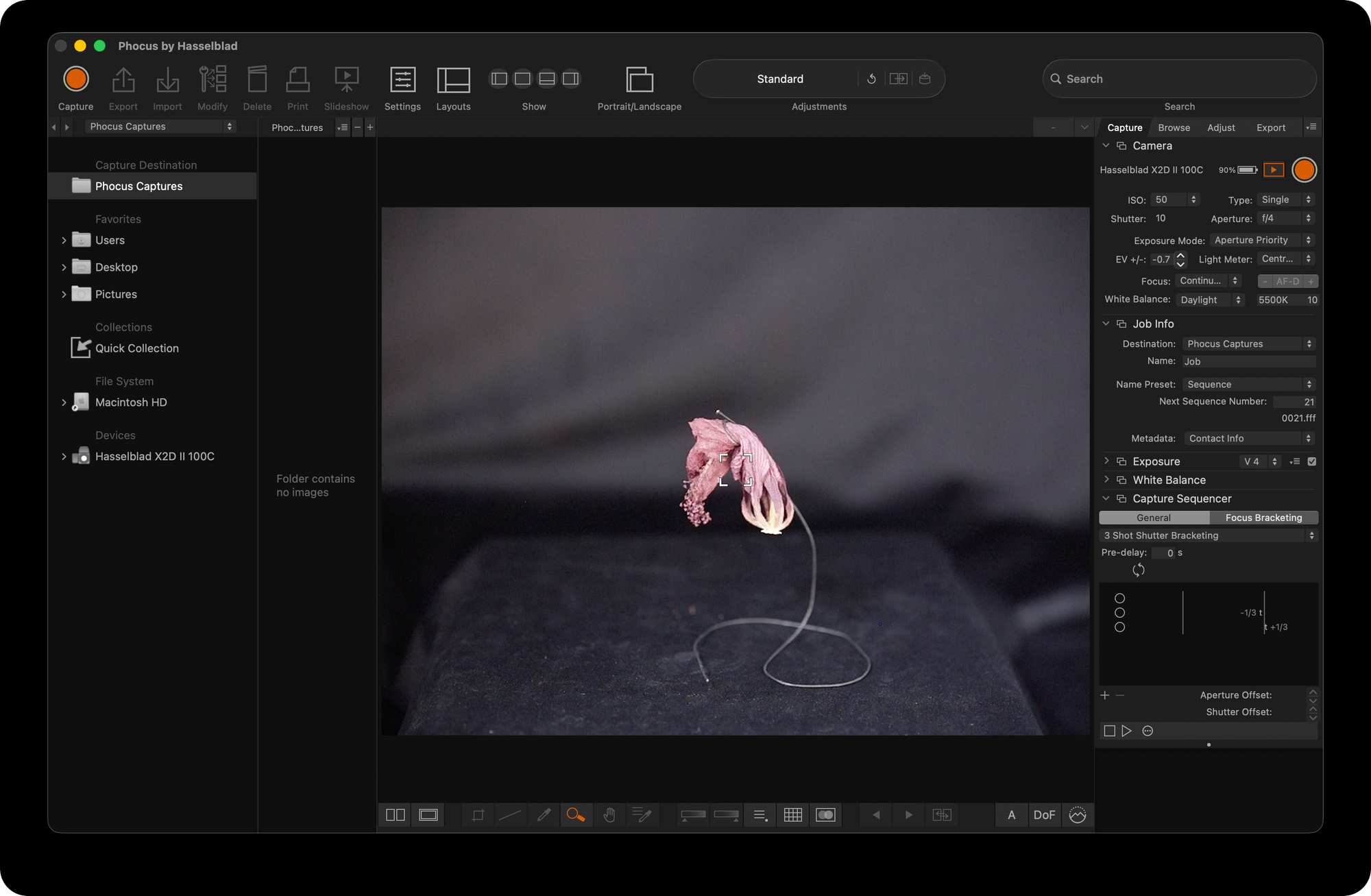 Phocus tethered layout with Live Video active